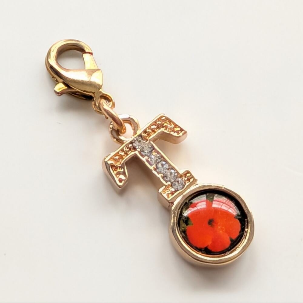 Vintage Gold Tone Rhinestone T Initial Orange Hibiscus Flower Bracelet Charm